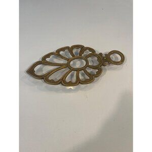 Antique Dew Drop Brass Trivet With Heart Design & Ring Handle